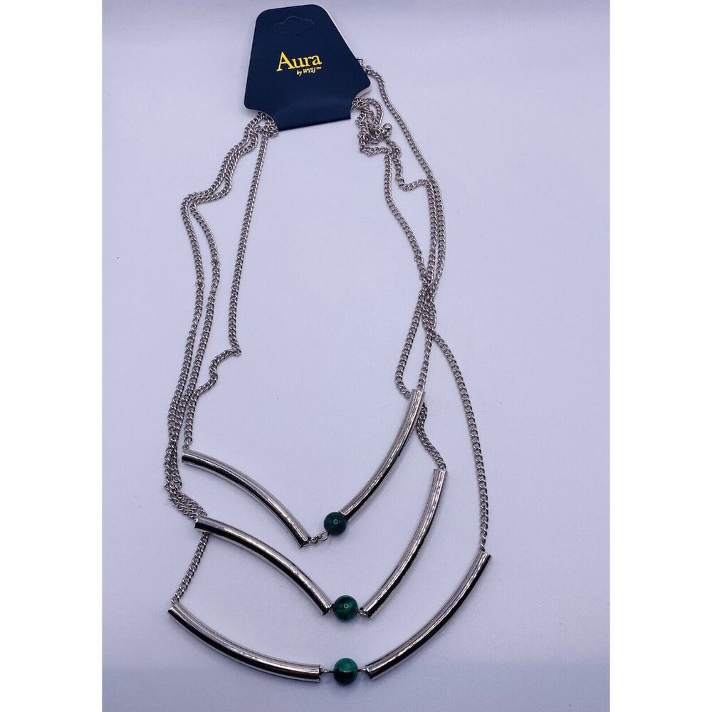 Aura Green Bead Silver Tone Necklace 16”